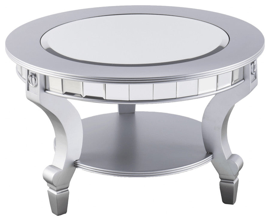 29" Silver Mirrored And Metal Round Mirrored Coffee Table