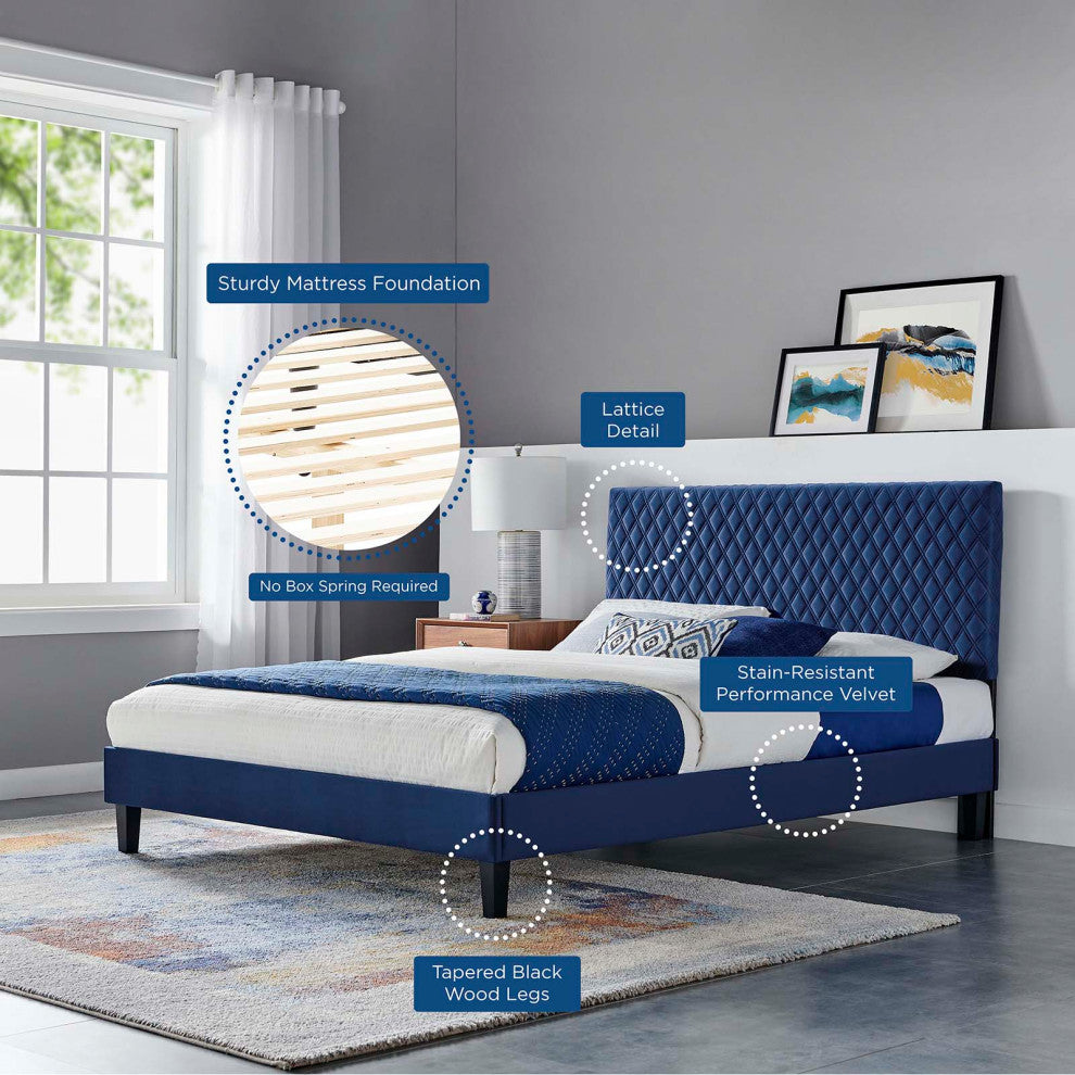 Platform Bed Frame, King Size, Blue Navy, Velvet, Modern, Bedroom Guest Suite