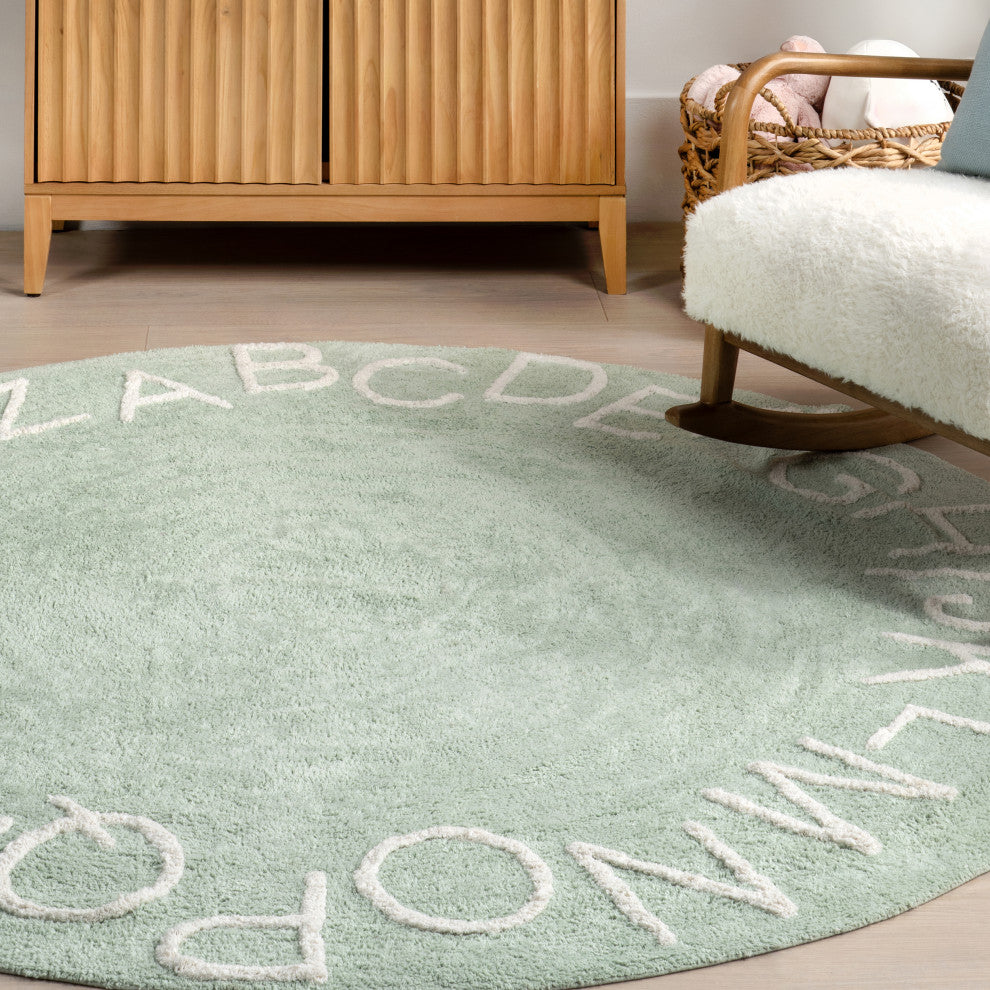 Nuloom Kids Washable Round Alphabet Rug, Mint Green 4' Round
