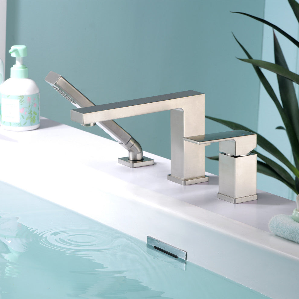 Luxier RTF17 Deck-Mount Roman Tub Faucet With Hand Shower, Brushed Nickel