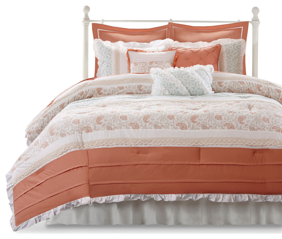 Madison Park Percale Printed Pintuck Flange 9-Piece Comforter Set, California Ki
