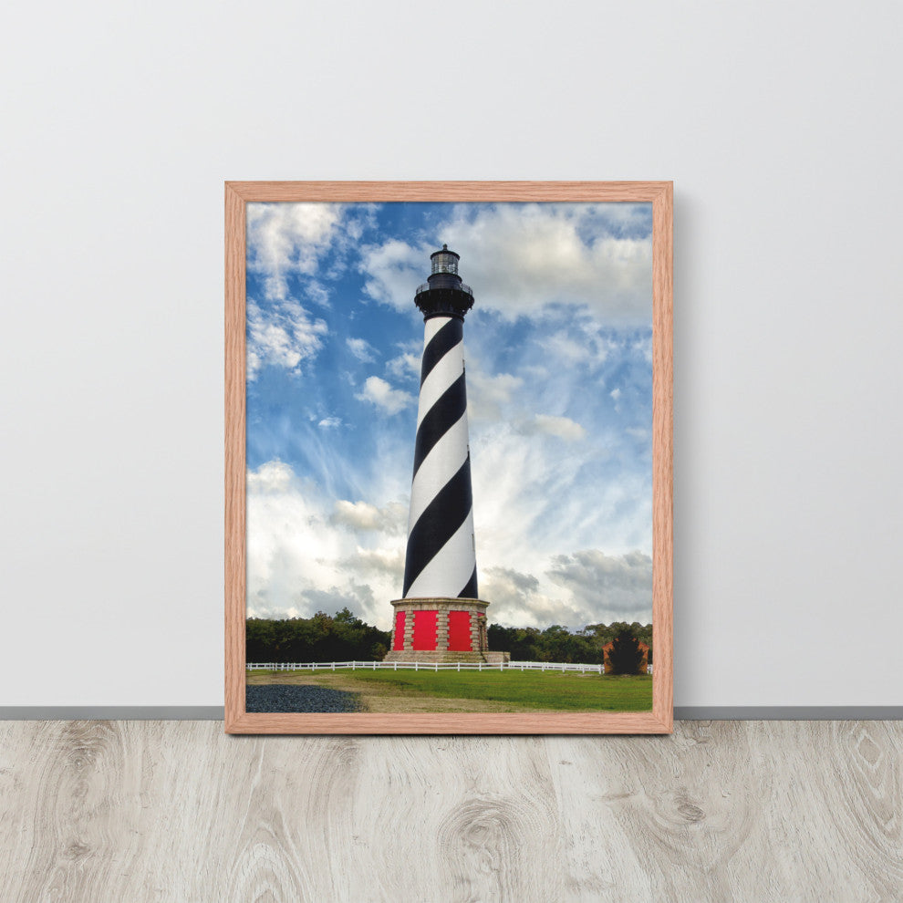 Cape Hatteras Lighthouse Coastal Landscape Framed Photo Paper Wall Art Prints, Red Oak, 16" X 20"