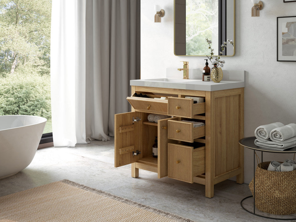 Sonoma 36 Left Offset Bath Vanity in Light Natural Teak with 1.5" Calacatta Laza