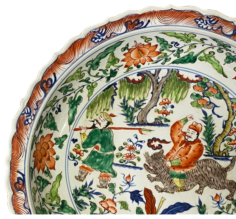 Chinese Orange White Porcelain People Scenery Display Charger Plate Hcs7437