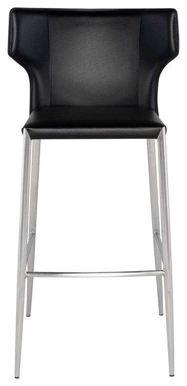 Wayne Counter Stool, Leather, Brushed Stainless Steel Legs, Black