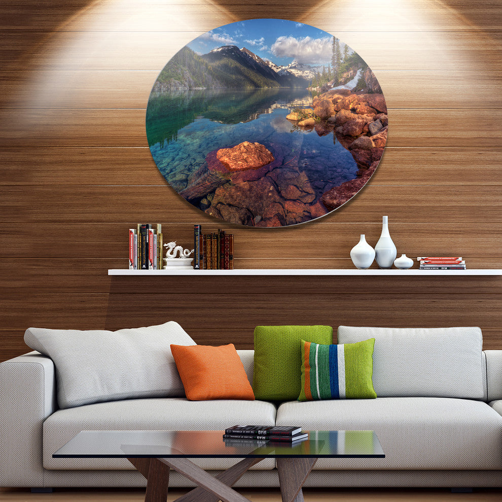 Clear Lake With Distant Mountains, Landscape Round Metal Wall Art, 23"