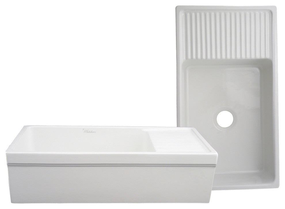 Farmhaus Fireclay Quatro Alcove Large Reversible Sink With Integral Drainboard a