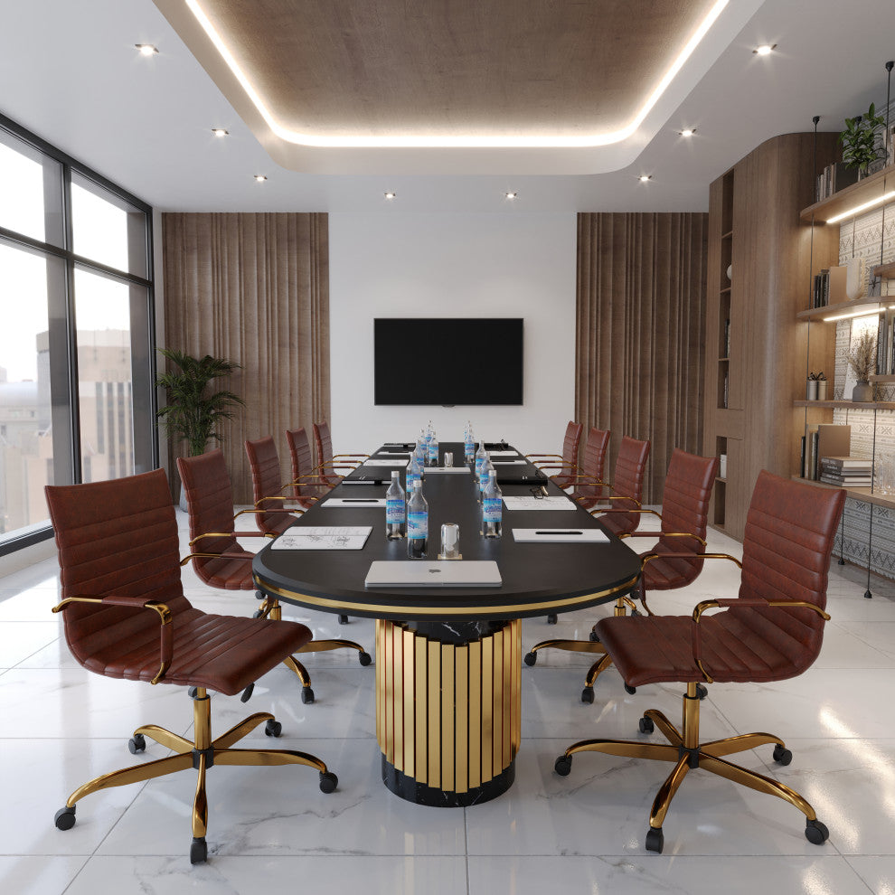 LeisureMod Harris Leather Office Task Chair With Gold Frame, Dark Brown