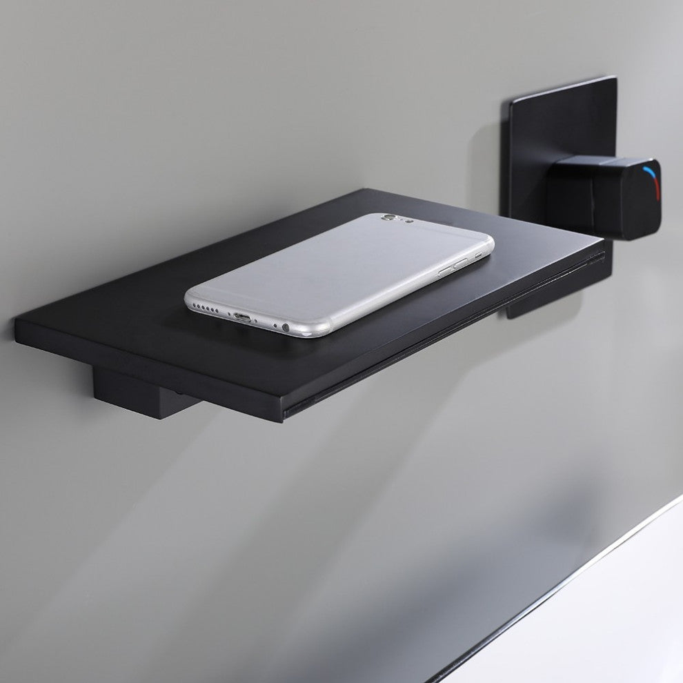 Waterfall Wall Mount Bathroom Sink Faucet Single Knob Solid Brass Matte Black