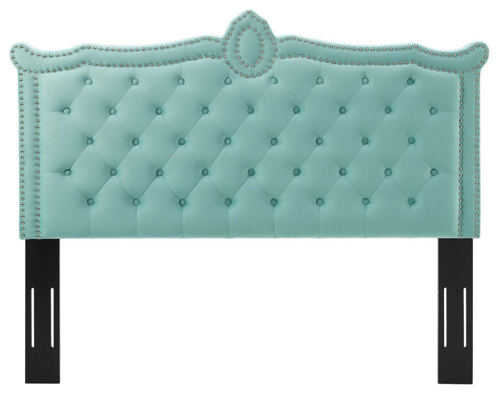 Tufted Headboard, Nailhead, King California Size, Blue, Velvet, Modern
