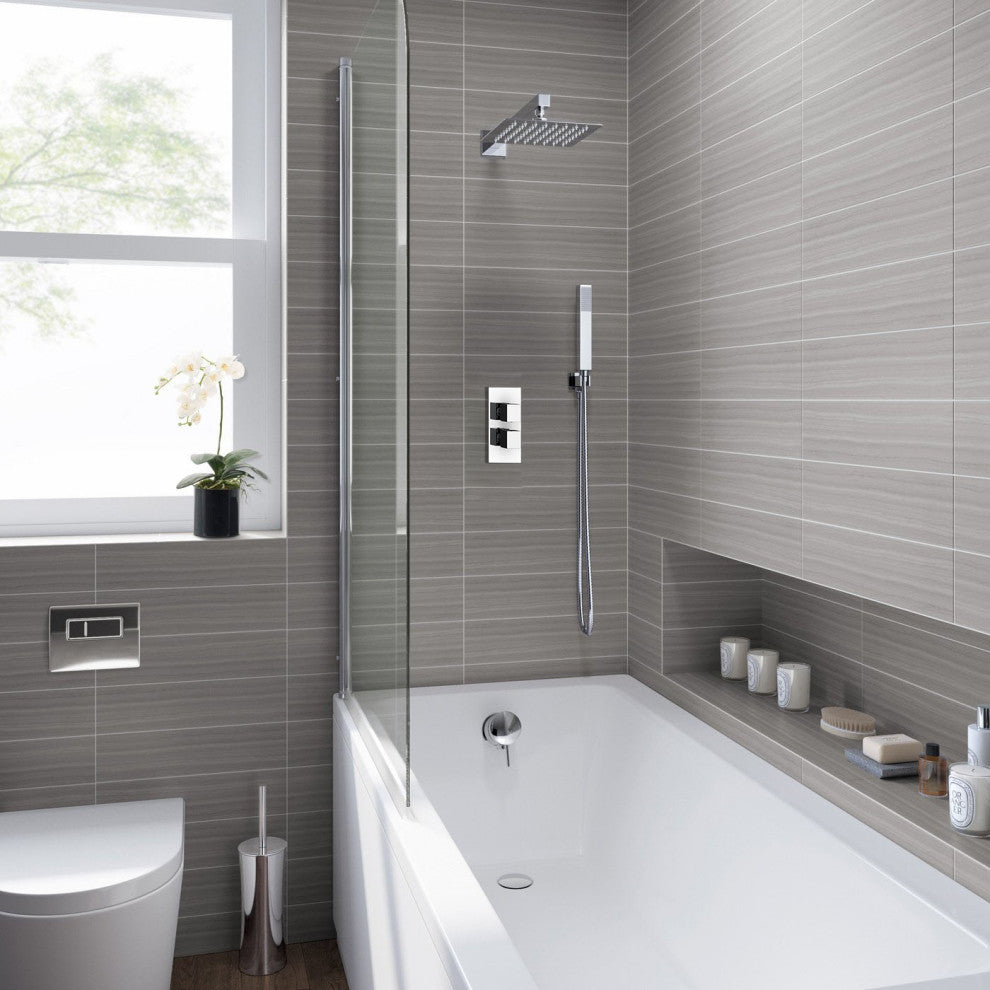 Reno Thermostatic Shower Set Ultra Thin Head, 12", Ceiling Mounted Shower Arm