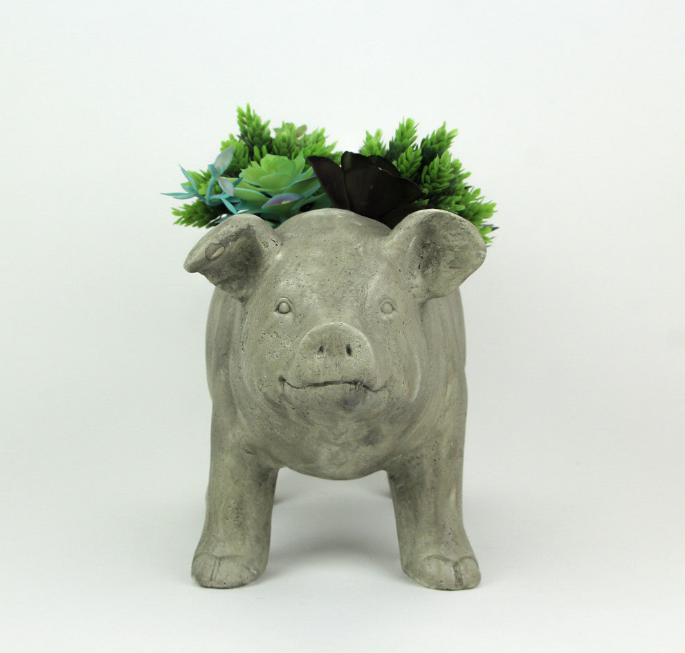 17 Inch Long Weathered Gray Finish Smiling Pig Planter