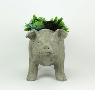 17 Inch Long Weathered Gray Finish Smiling Pig Planter