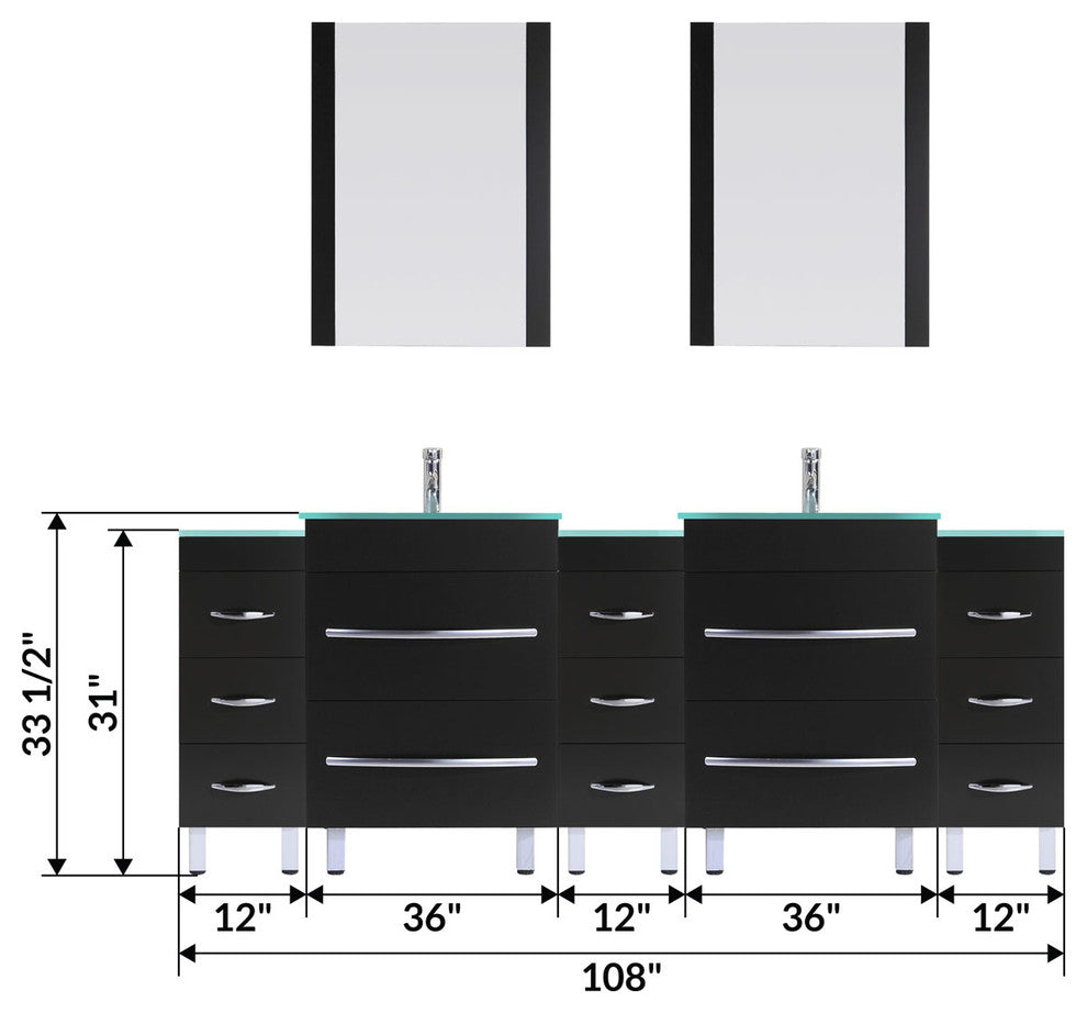 108" Black Vanity, 36" Double Sink Bases, Triple 12 Drawer Bases, LV4-C21-108-B