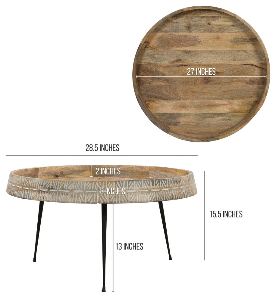 29" Coffee Table Round Handcrafted Mango Wood Carved Edge Black Iron Legs