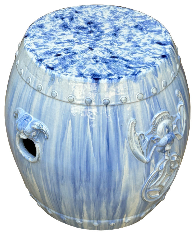 White Blue Glaze Bat Fortune Coin Pattern Round Ceramic Garden Stool Hcs7809