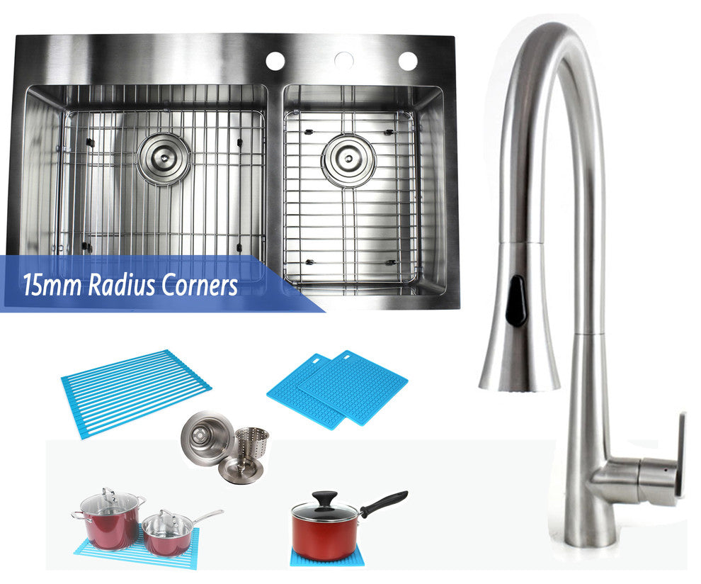 33" Topmount Stainless Steel 60/40 offset DoubleBowl Kitchen Sink & Faucet Combo
