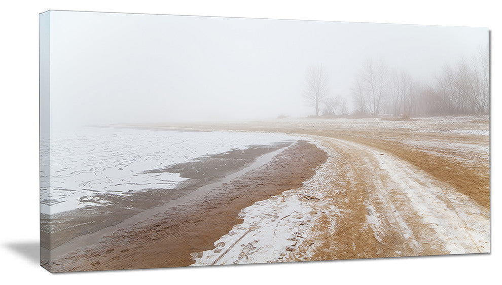 Sandy Beach in the Winter Fog, Modern Seashore Canvas Art, 32"x16"
