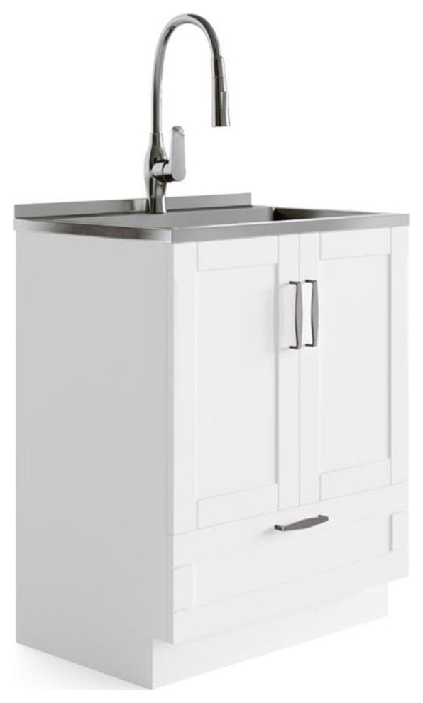 28 Inch Laundry Cabinet With Pull-Out Faucet & Stainless Steel Sink, Pure White
