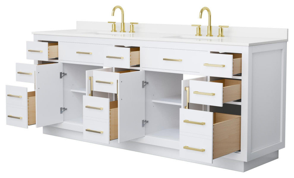 Beckett TK 84" White Double Vanity, White Quartz Top, 3-Hole, Gold Trim