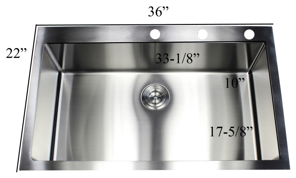 36" Topmount 16 Gauge Single Bowl, Sink With Faucet and Strainer
