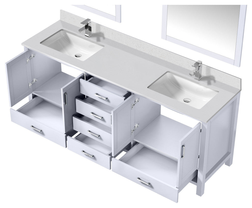 Jacques 80" White Double Sink Vanity with Quartz Top, With Faucet and Mirror