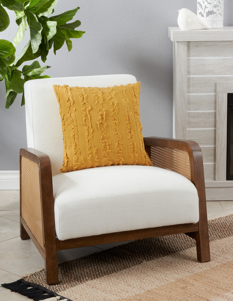 Throw Pillow With Fringe Stripe Design, Mustard, 18"x18", Poly Filled