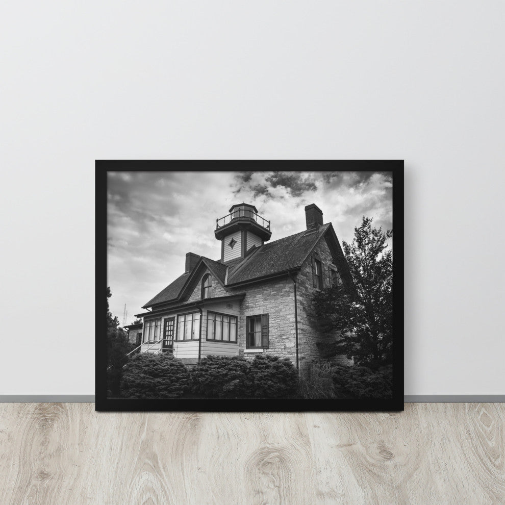 Cedar Point Lighthouse in Black and White Framed Photo Paper Wall Art Prints, Black, 16" X 20"