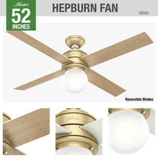 Hunter Fan Company  52" Hepburn  Ceiling Fan With Light With Wall Control, White