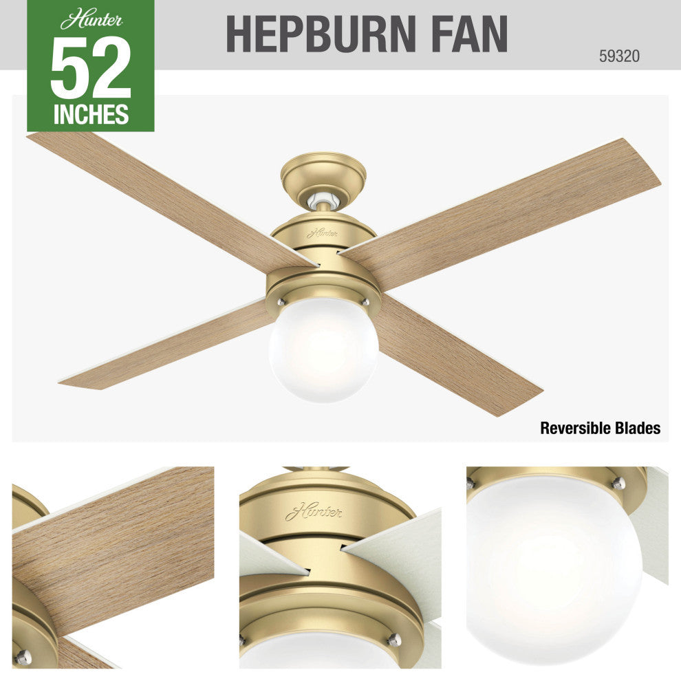Hunter Fan Company  52" Hepburn  Ceiling Fan With Light With Wall Control, White