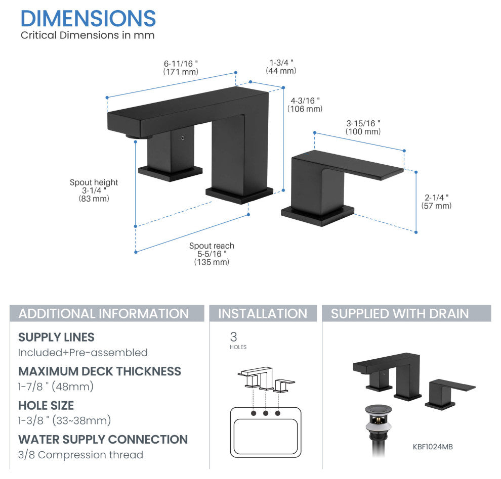 Cube 8" Widespread Bathroom Sink Faucet With Drain Assembly, Matte Black
