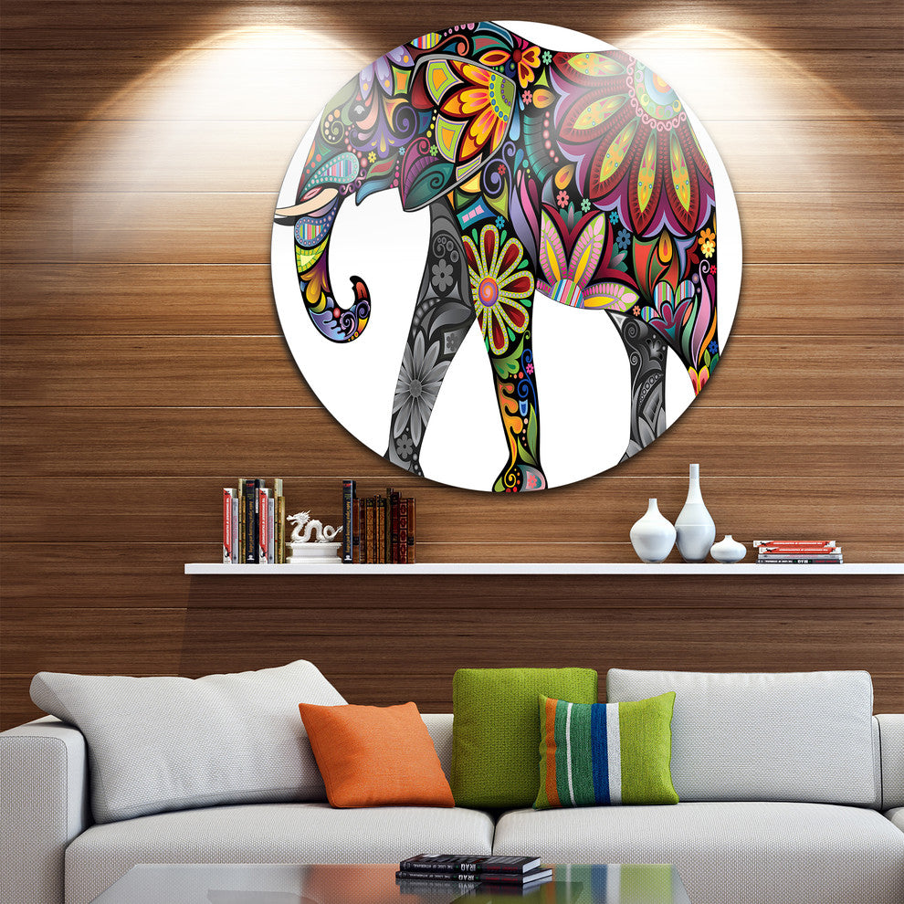 Yellow Cheerful Elephant, Animal Digital Art Round Metal Wall Art, 36"