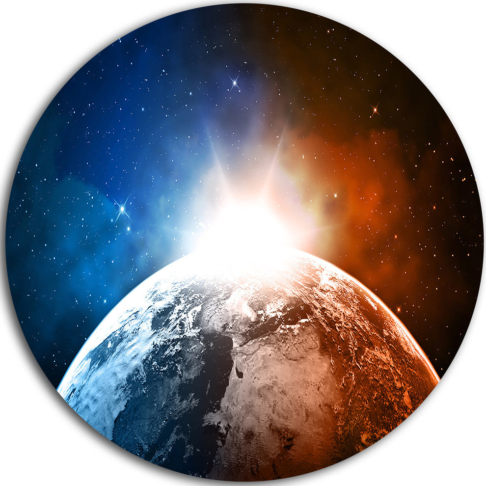 Planet With Sunrise In Space, Contemporary Disc Metal Wall Art, 36"