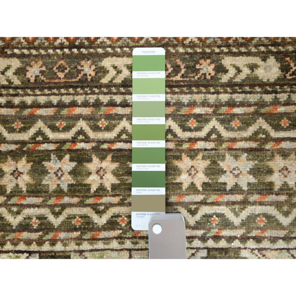 Green With Colorful Tassles Hand Knotted Super Kazak Khorjin Rug, 4'0"x5'9"