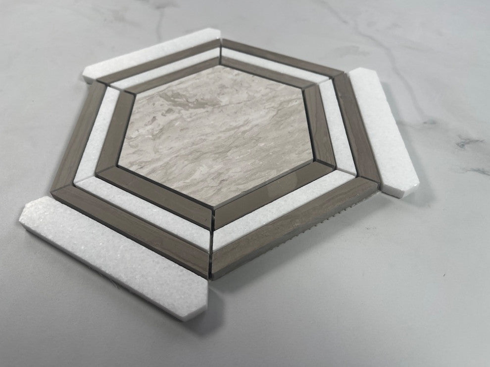 Athens Silver Cream Marble 5" Hexagon Strips Georama Geometric Tile, 1 sheet