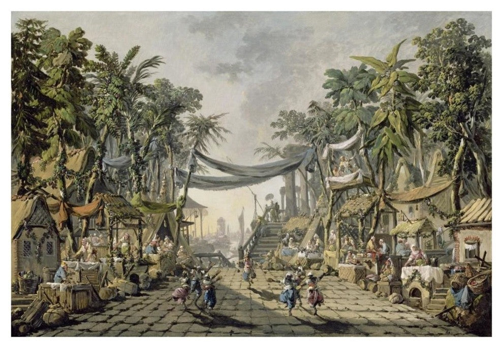 "Market Scene in an Imaginary Oriental Port" Paper Art, 38"x26"
