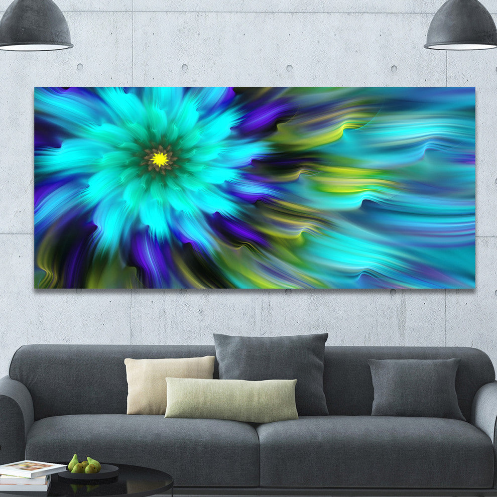 Massive Blue Green Fractal Flower, Large Floral Canvas Art Print, 60"x28"