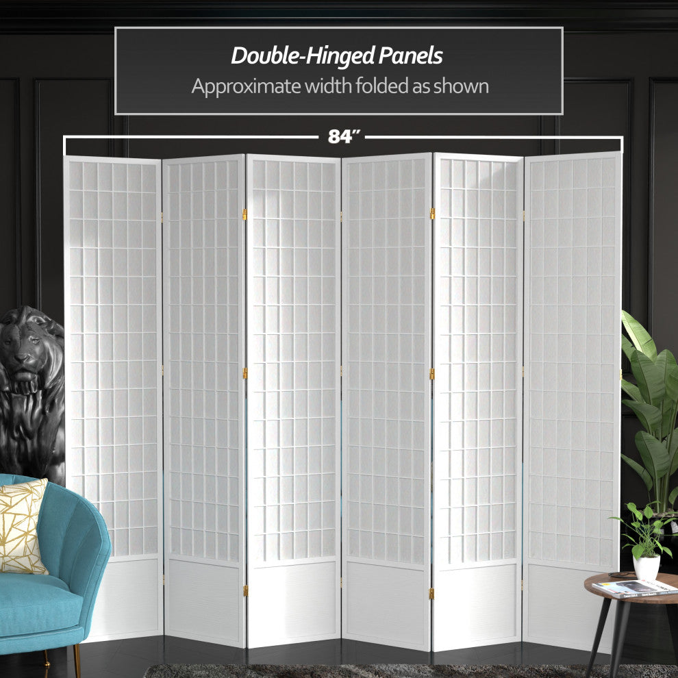 7' Tall Window Pane Shoji Screen, White, 6 Panels