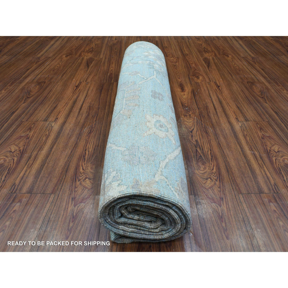 Light Blue Soft Wool Hand Knotted Afghan Angora Oushak Oriental Rug, 8'0"x9'8"