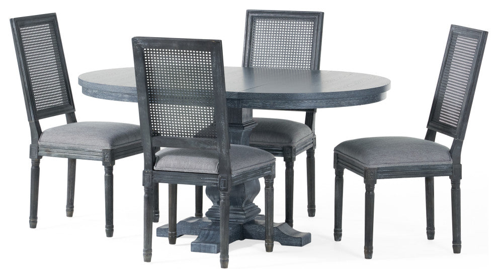 Brownell French Country Wood and Cane 5-Piece Expandable Oval Dining Set, Gray/Gray