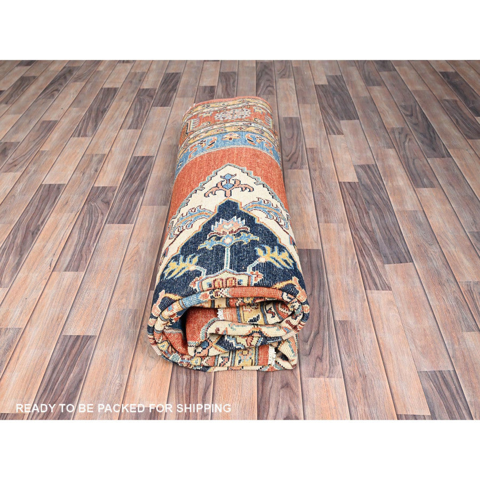 Orange, Soft Wool, Afghan Peshawar, Hand Knotted, Oriental Rug, 8'x9'10"