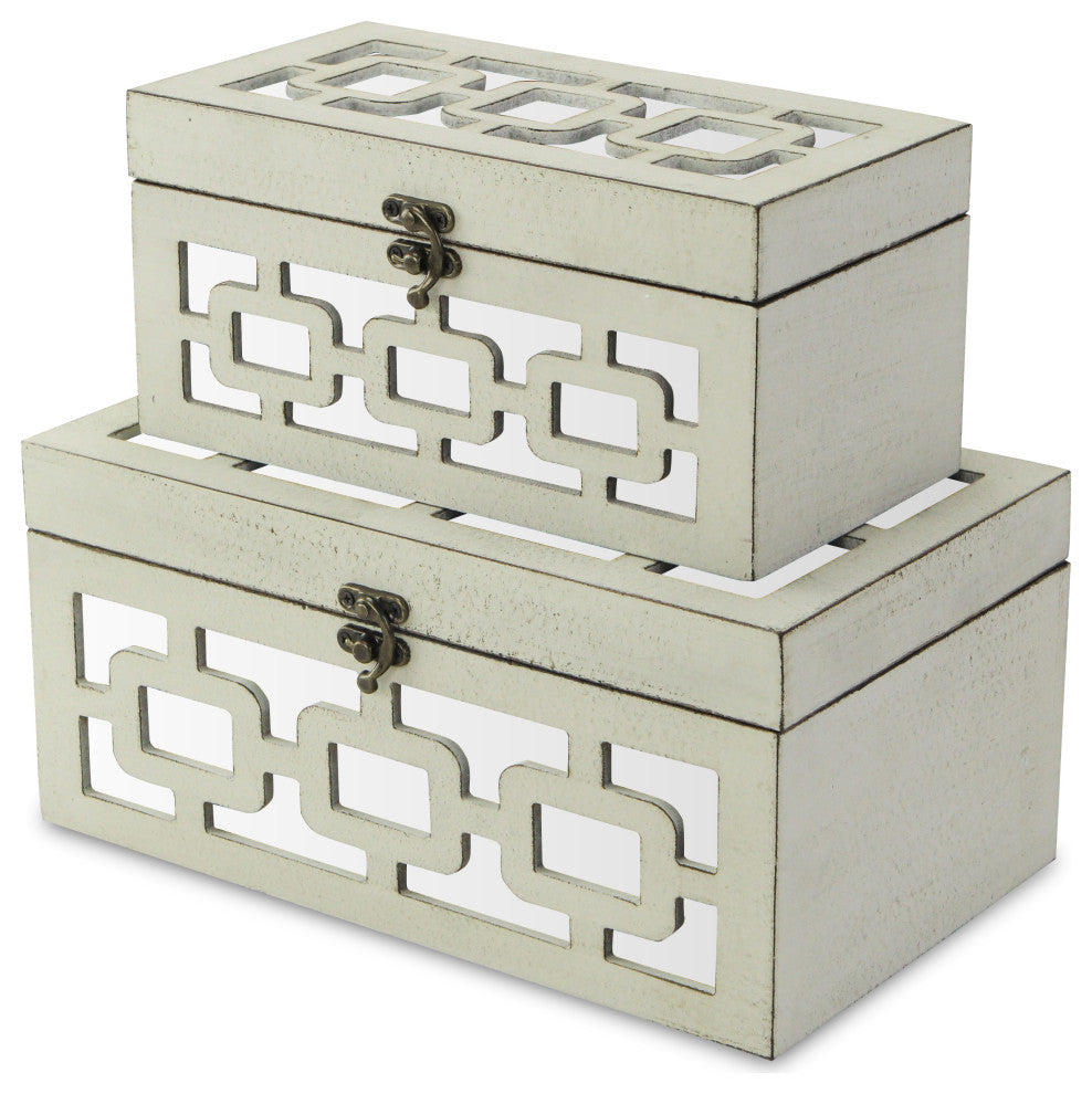 Distressed Mirror Keepsake Boxes, Black, Set of 2, White