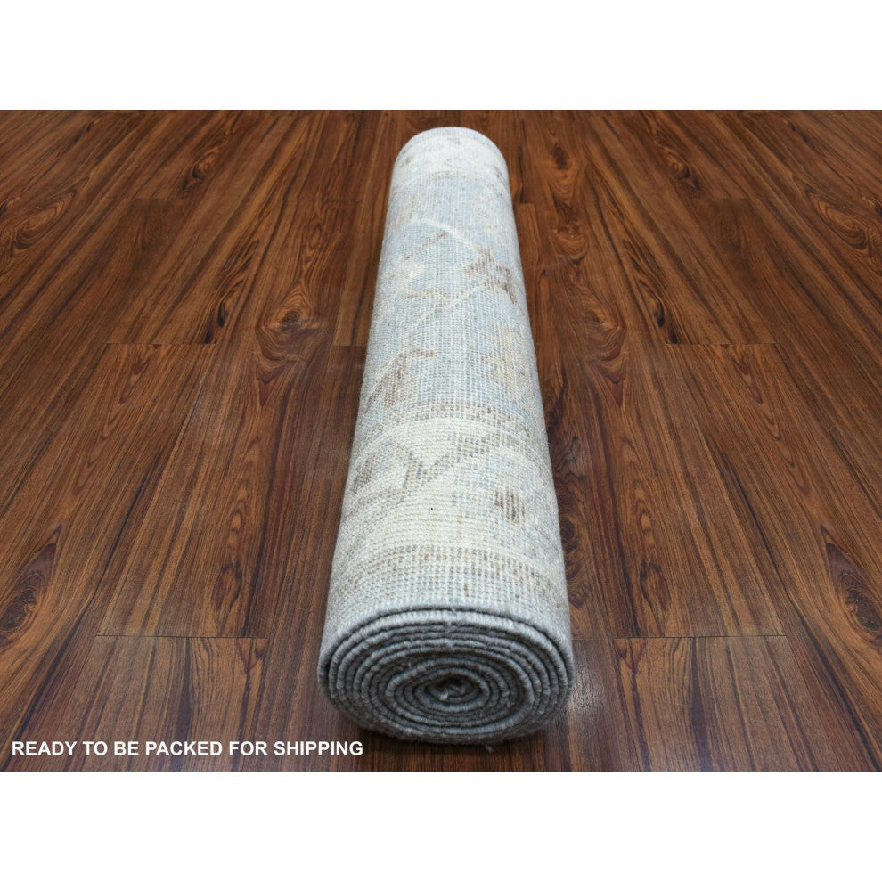 Gray, Afghan Angora Ushak, Pure Wool, Hand Knotted, Runner, Rug, 3'0" x 13'7"