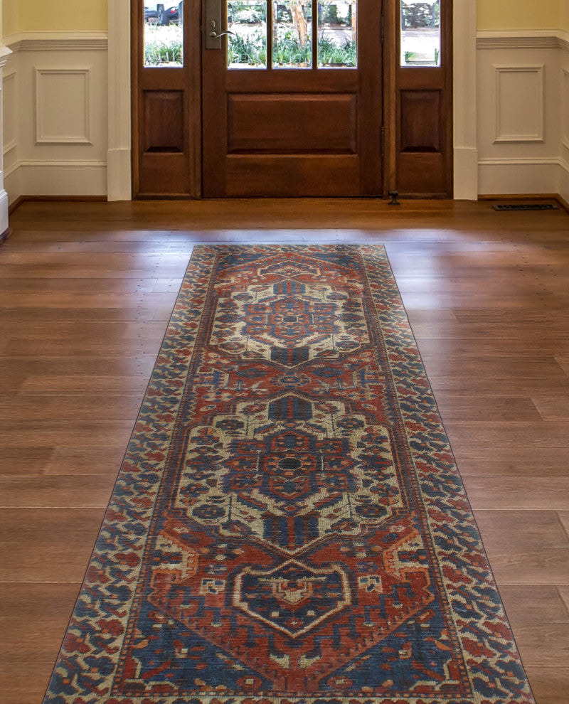 Vintage Distressed Zesiro Burgundy/Navy Runner, 3'3x9'10