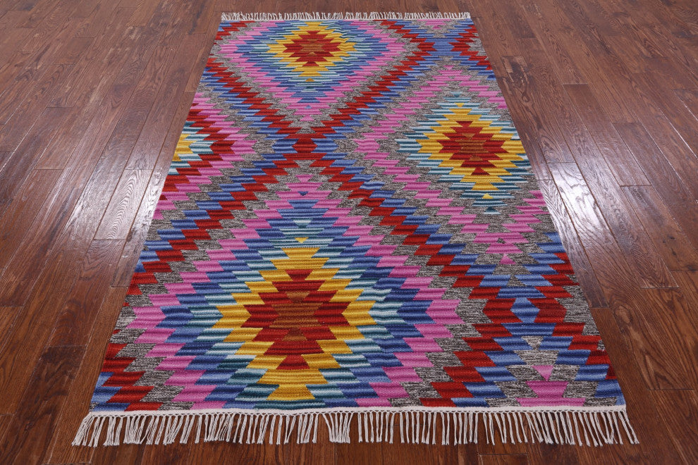 5' 0" X 8' 0" Reversible Kilim Flat Weave Wool Rug Q10542