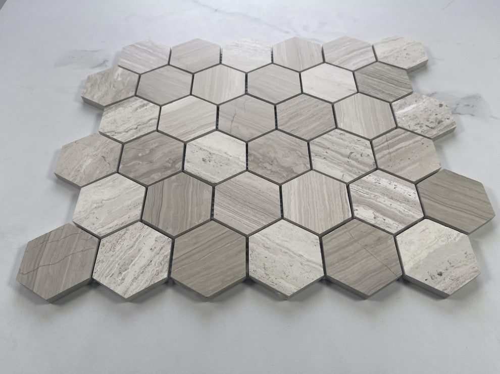 2" Hexagon Athens Silver Cream Haisa Marble Wooden Beige Tile Polished, 1 sheet