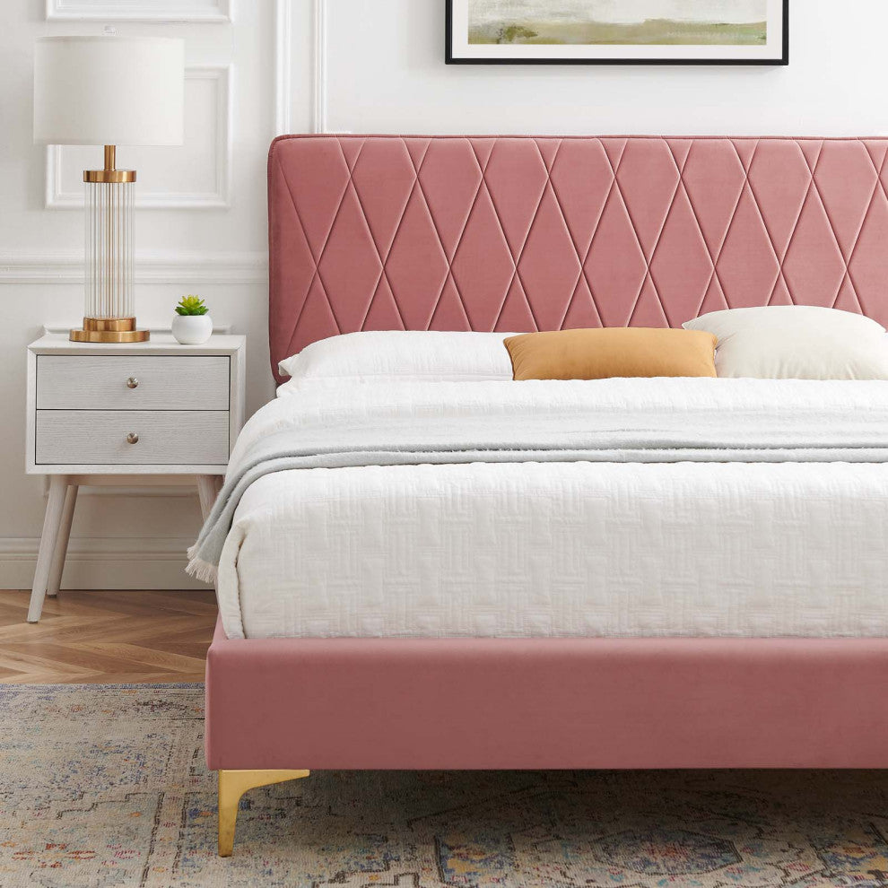 Platform Bed Frame, Queen Size, Velvet, Pink, Modern Contemporary, Bedroom