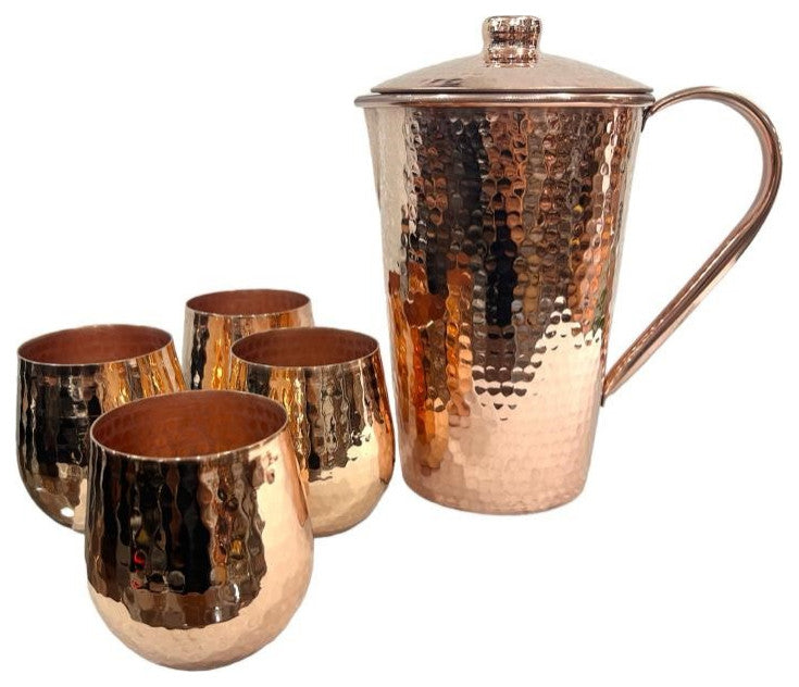 Set of 1 Shiny Copper Pitcher and 4 Tumblers
