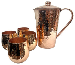 Set of 1 Shiny Copper Pitcher and 4 Tumblers