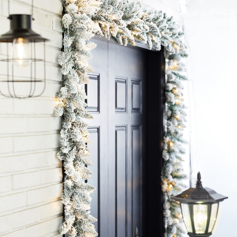 2-Pack 9' Pre-Lit Snow Flocked Christmas Garland, With Warm White LED Lights